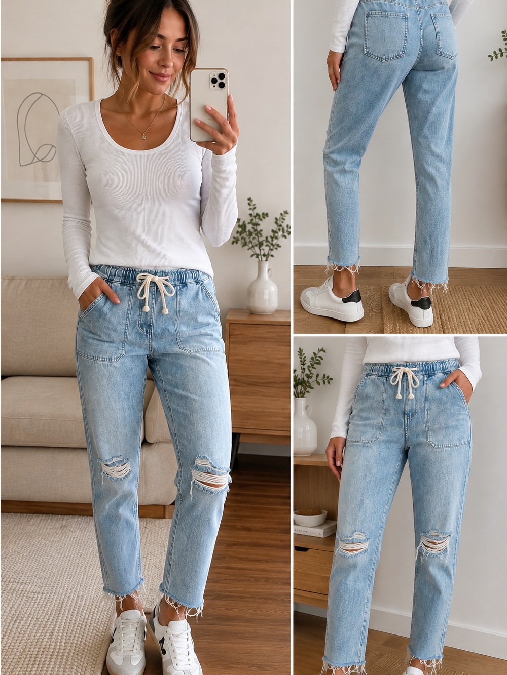 GAP Light Blue Relaxed Drawstring Jeans with Distressed Knees